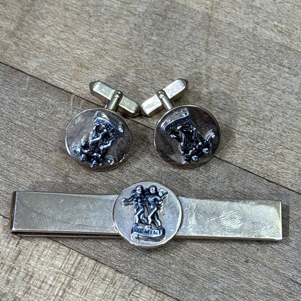 Vintage Swank Gemini Zodiac Cufflinks Tie Bar Set Two Tone 1950s 60s